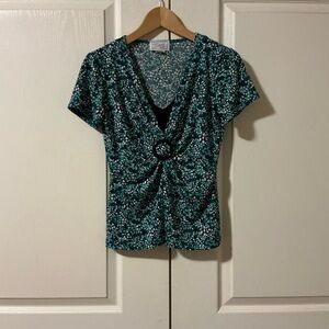 Zacks Since 1927 Teal Leaf Print 2-Piece Set Ring Detail Top & Flared Skirt, 4